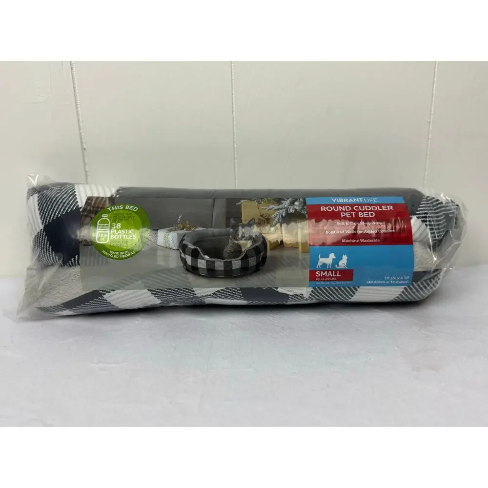 Vibrant Life Round Cuddler Small Dog / Cat Bed Black and White Plaid 19